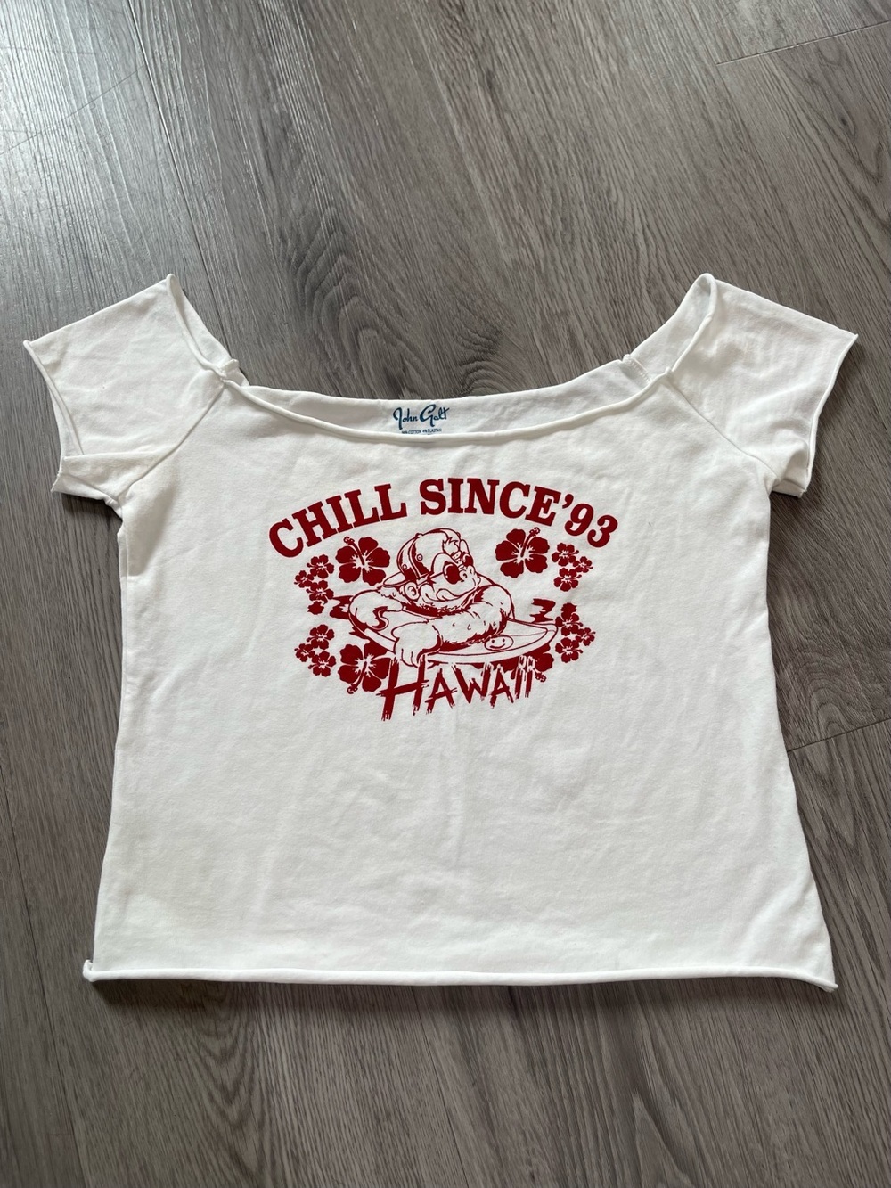 Brandy Melville White Off-Shoulder 'Chill Since '93' Graphic Tee with Red Print